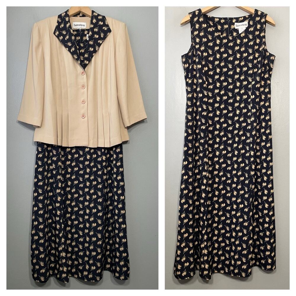 Danny & Nicole Dress Jacket Set Size 10 Petite Navy Tan Classic Church Modest